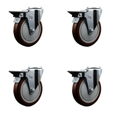 Service Caster 5'' Maroon Poly Wheel Swivel Bolt Hole Caster Set with Posi Lock Brakes, 4PK SCC-BH20S514-PPUB-MRN-PLB-4